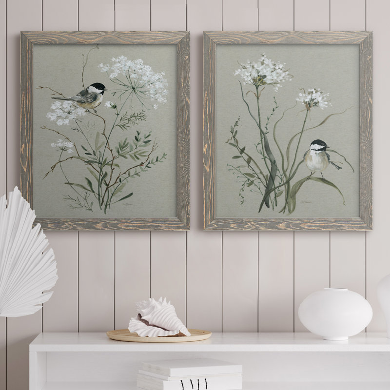 Bouquet Of Grace Bird I - ensemble de 2 peintures sur toile encadrées, H 24 po x l 36 po x P 1,5 po, Encadré gris