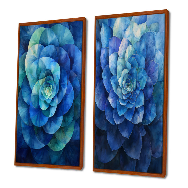 Hortensia bleu et vert vortex III - art mural floral, collection de 2 pièces, H 32 po x l 33 po, Cadre flottant brun