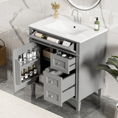 Meuble-lavabo de 30 po avec lavabo supérieur, armoire de rangement moderne avec 2 tiroirs et un tiroir basculant