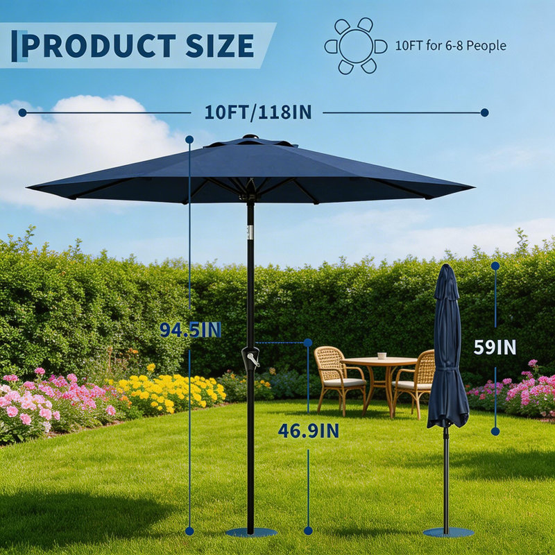 Parasol de patio 10 pi avec manivelle lisse, 118"W x 118"D, Marine