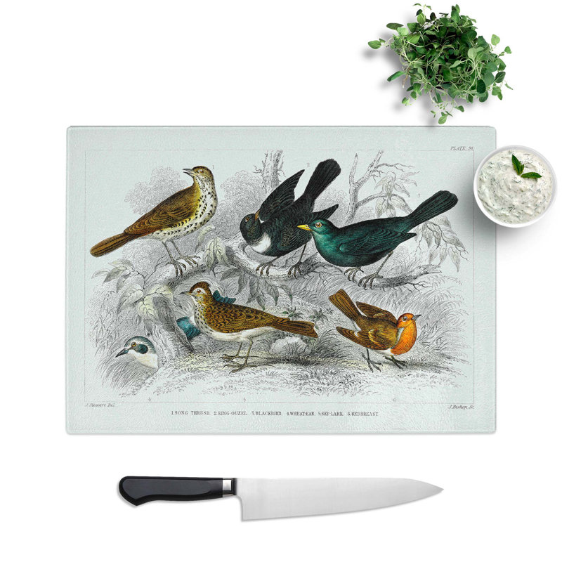 Tempered Glass Collection of Birds Pl. 58 Chopping Board, 39 cm W x 28.5 cm L