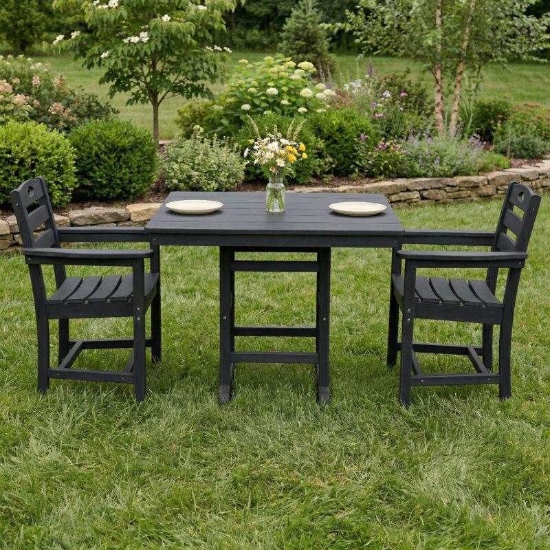 Ensemble repas d'extérieur 3 pièces avec table carrée et 2 fauteuils Hdpe, Noir