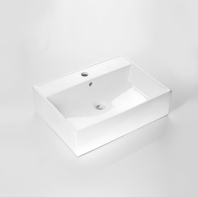 Glossy White Ceramic Rectangular Above-Counter Bathroom Sink