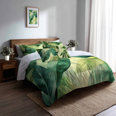 Palm Leaves in the Jungle Bedding Set of 5 - Green Botanical Duvet Cover And Throw Pillow Set