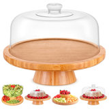 Cake Stand With Lid, Cake Plate, (6 In 1) Multi-Functional Serving Platter, Large Cake Stand With Dome,Bamboo/Acrylic