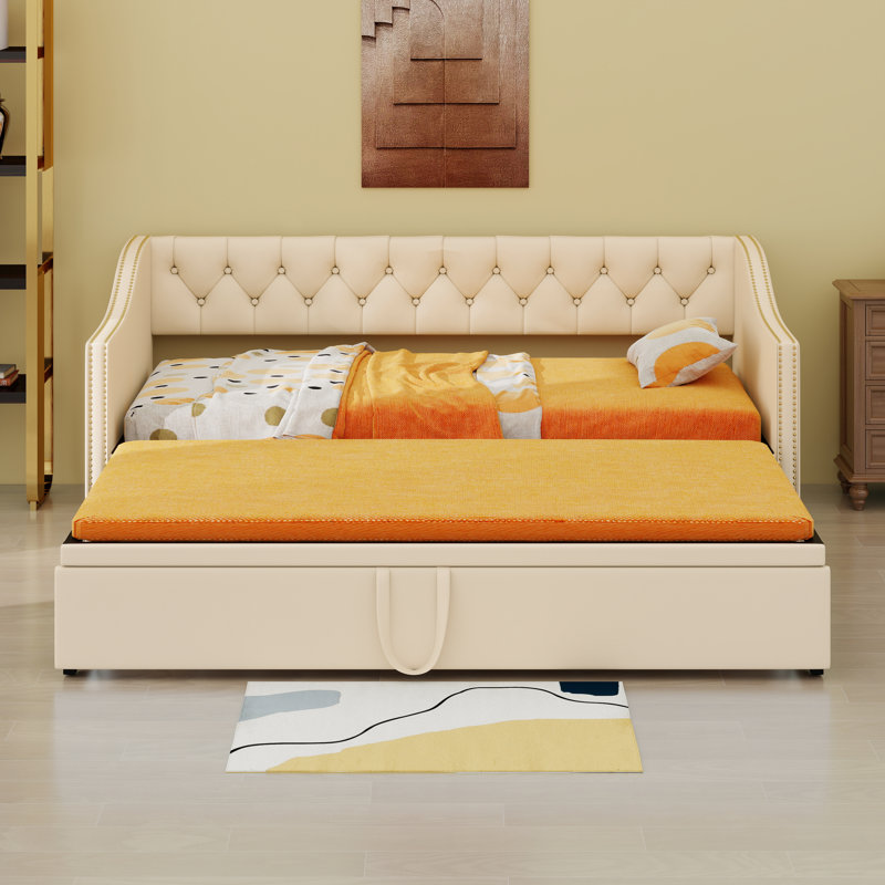 Structure de lit de jour rembourrée en velours avec couchette extensible Elegant, Beige