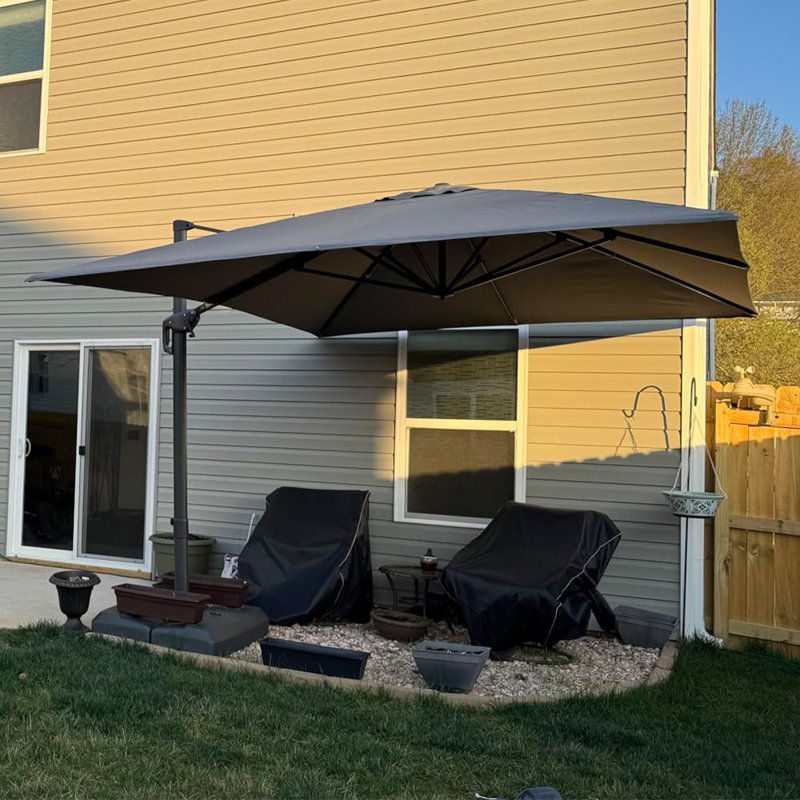 Grand parasol extérieur rectangulaire en porte-à-faux gris rectangulaire en aluminium 10 pi x 13 pi avec tissu recyclé résistant à la décoloration de 3 ans et rotation à 360 degrés pour terrasse