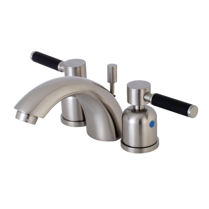 Kingston Brass Kaiser Two-Handle 3-Hole Deck Mount Mini-Widespread Bathroom Faucet with Plastic Pop-Up, Brushed Nickel