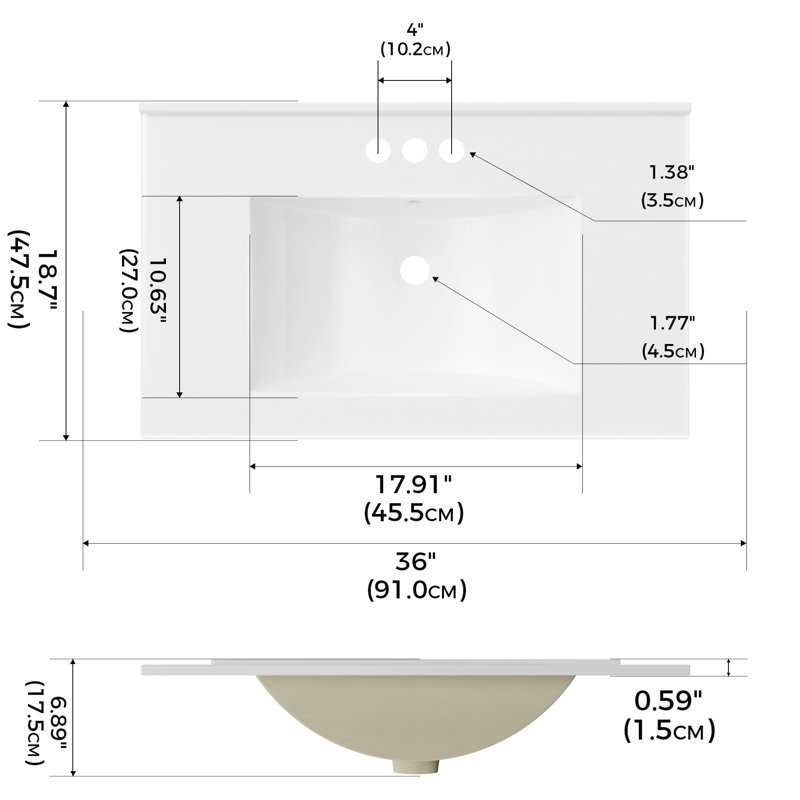 Plateau de meuble-lavabo en céramique 30 po avec lavabo rectangulaire intégré à 3 trous, blanc