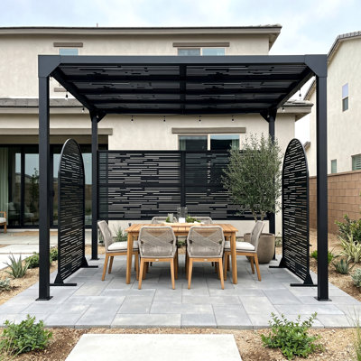 9.8'X7.9' Metal Pergola & 2 Pcs Metal Privacy Screen Fence Panel, Steel Frame Patio Pavilion For Outdoor Backyard Garden