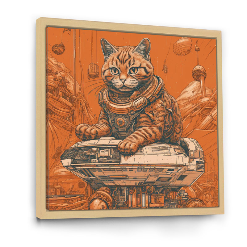 " Space Cat Astronout Retro Illustration I ", 16" H x 16" W x 1" D, Natural Floater Framed
