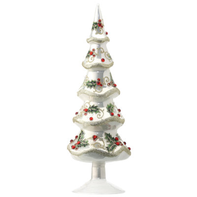 12" Glass Layered Tree W/Holly & Berries