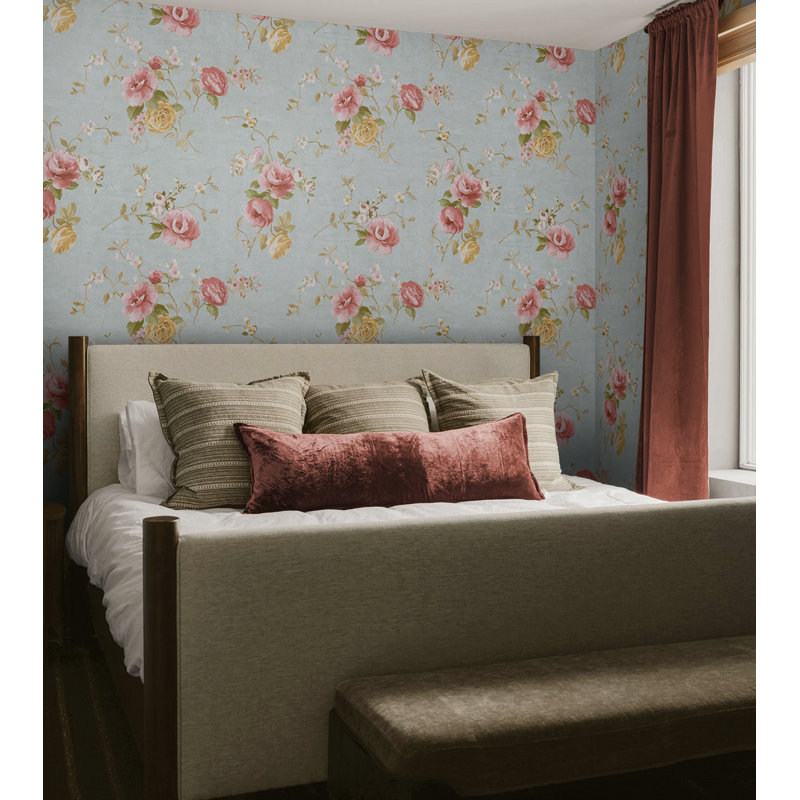 Papier peint à motif floral Bedfordshire, Bleu ciel / œillet