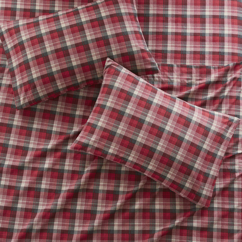 Ensemble de draps en flanelle 100% coton Woolrich, Ensemble de draps pour lit double avec 2 taies d'o, Carreaux rouges