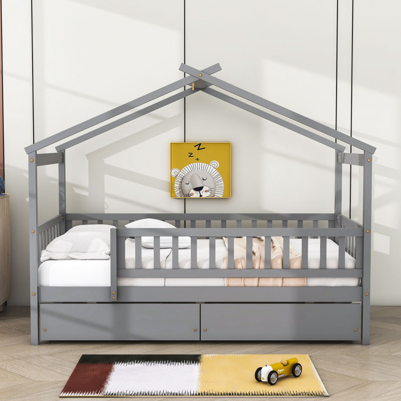 Heulwen Two Drawers Wooden House Bed, Gray, Twin