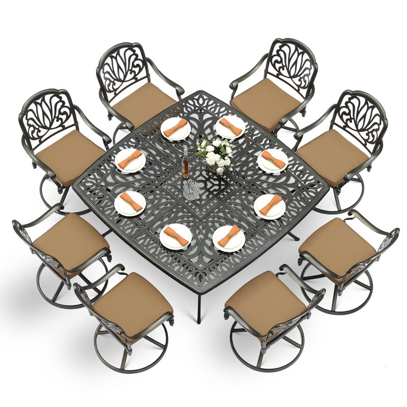 Bloomsbury Market 9-piece Outdoor Furniture Dining Set For 8, All-weather Cast Aluminum Patio Table And Chairs Set With 8 Chairs, 63.98" Large Square Dining Table With 2.2" Umbrella Hole