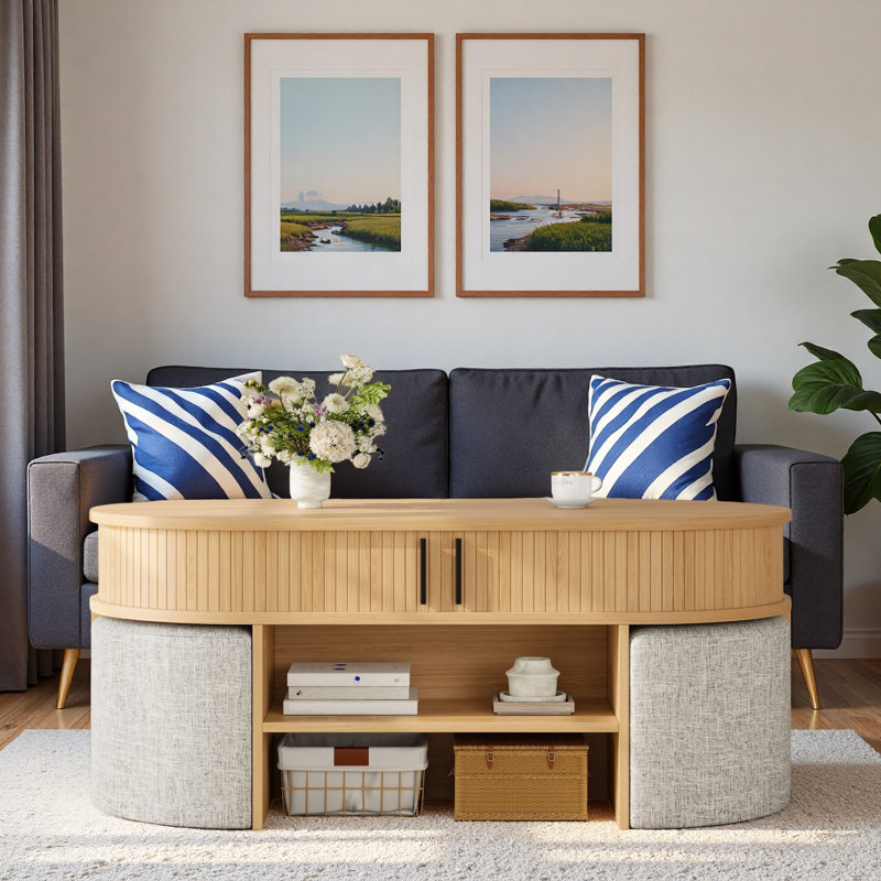 Table basse multifonctionnelle ovale avec rangement caché à lattes, compartiment de rangement ouvert et 4 tabourets courbés rembourrés