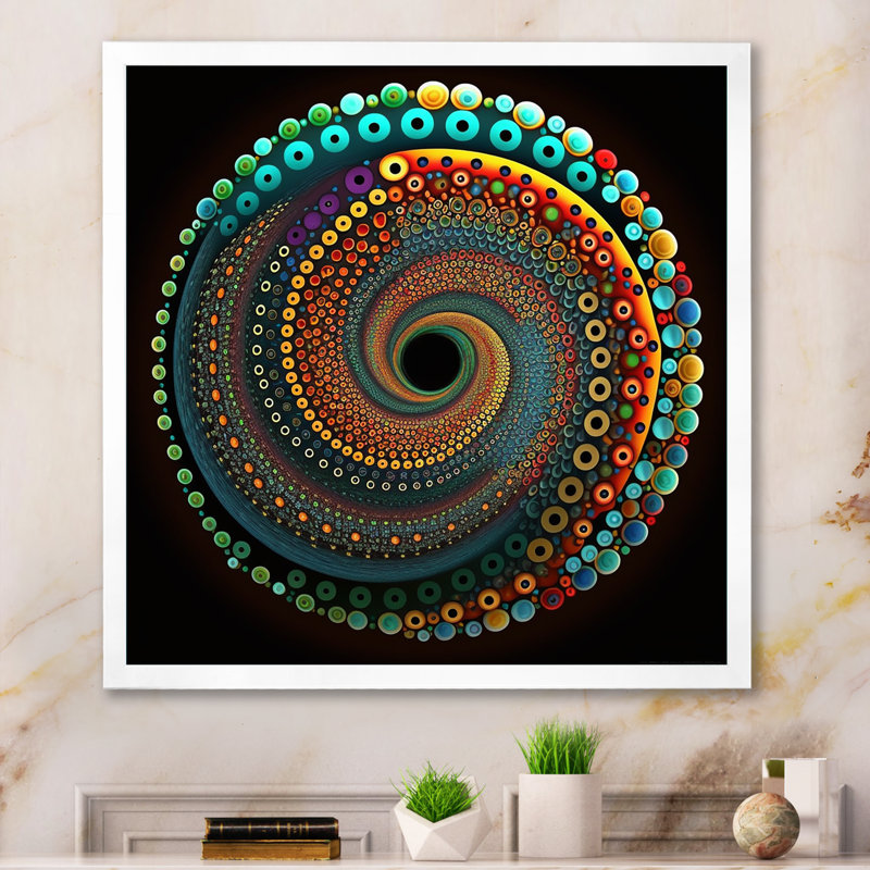 Iridiscdent Pointillism Spiral Turquoise Shades I - reproduction sur toile, H 30 po x l 30 po x P 1 po, Cadre simple blanc