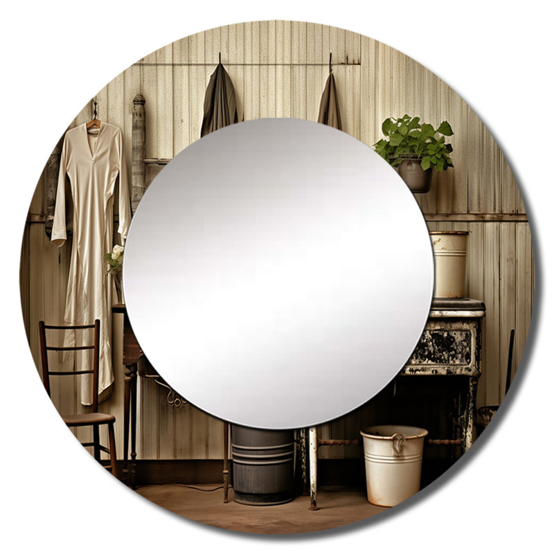 Farmhouse Laundry Charm III - Laundry Mirror, Beige Round Unique Wall Mirror, Printed Metal Art, 36" x 36"