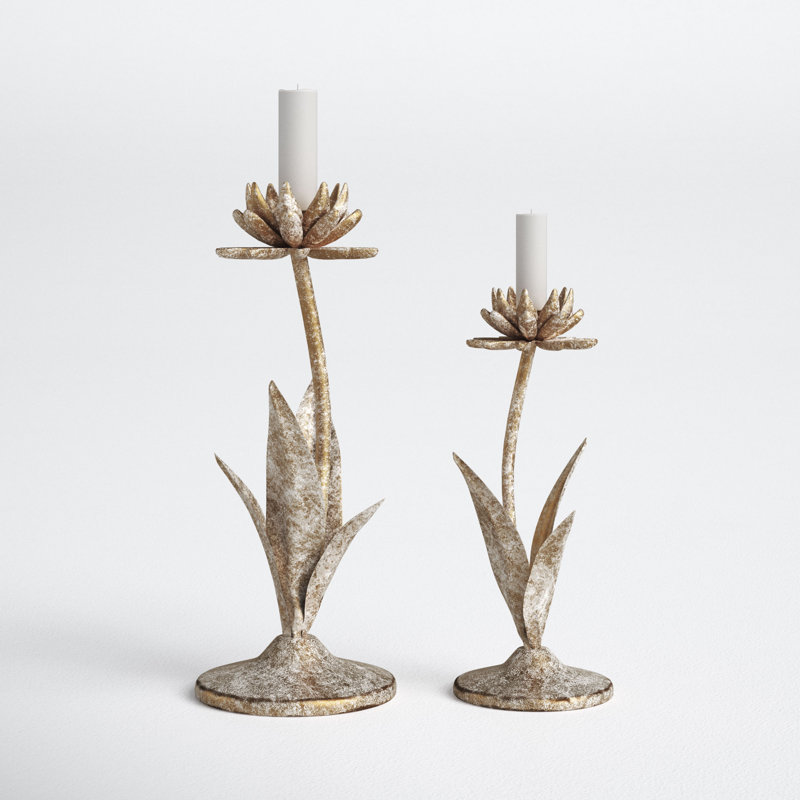Distressed Gold Metal Flower Taper Candle Holders, Set of 2