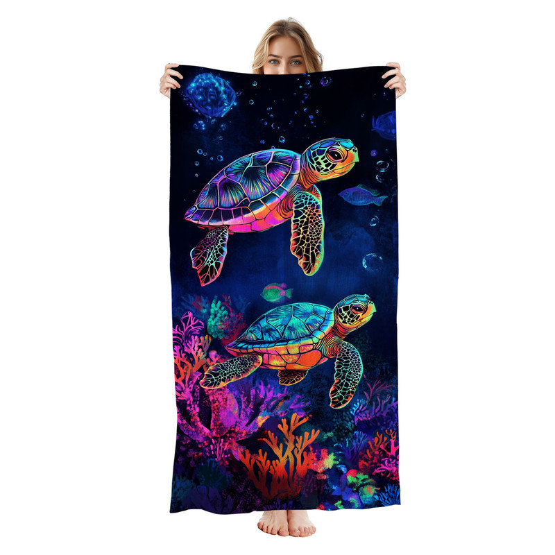 Serviette de plage en microfibre légère, absorbante et sans décoloration, 30 po x 60 po, Tortue de corail néon arc-en-ciel
