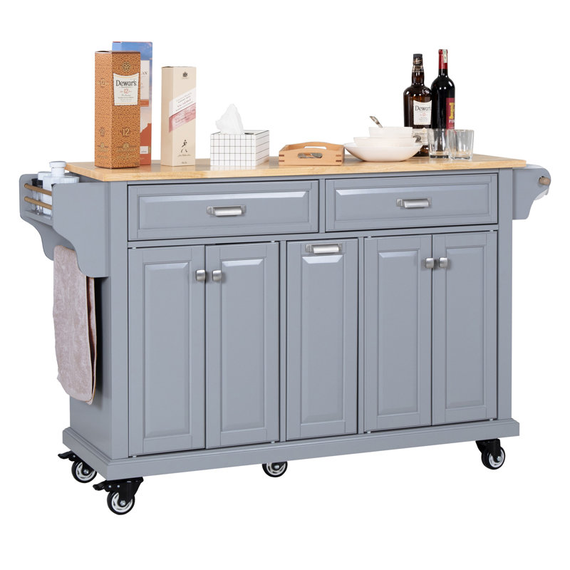 Kitchen Island With Rubber Wood Countertop, Gray