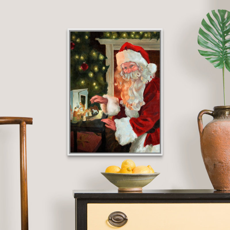 Saint-Nick et la Nativité par Jacob Green - reproduction d'art sur toile, Cadre blanc, 42" H x 32" W x 1.75" D