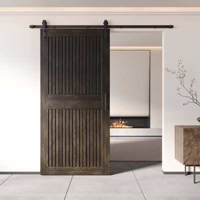Homacer Ebony 26in x 84in Unassembled & Finished Vertical Stripe Design Barn Door with Non-Bypass Installation Hardware Kit, 4.5ft track, interior use only