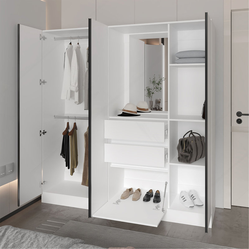 Organisateur de garde-robe blanc avec miroir et compartiments de rangement