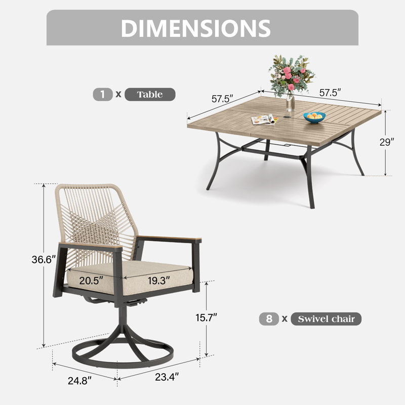 Ensemble repas d'extérieur pour 8 personnes avec coussin Kerrie, Beige
