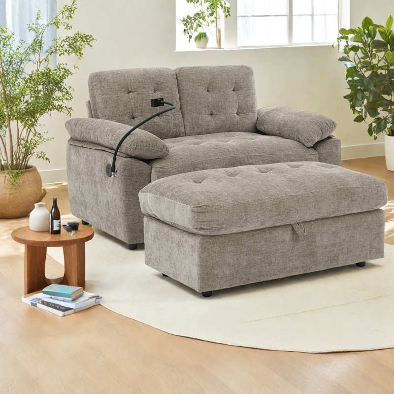Canapé contemporain inclinable double, rembourré de mousse, avec port USB et repose-pieds avec rangement