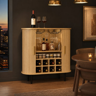 28" Fluted Wine Bar Cabinet with Sliding Tambour Doors, 8-Bottle Wine Rack, Adjustable Shelves & Glass Holders, Modern Coffee Bar Cabinet for Dining Room & Living Room