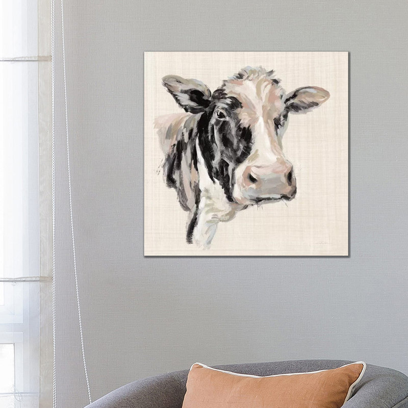 «Expressionistic Cow I Neutral Linen» par Silvia Vassileva - impression d'art graphique, Pas de tapis, Toile tendue