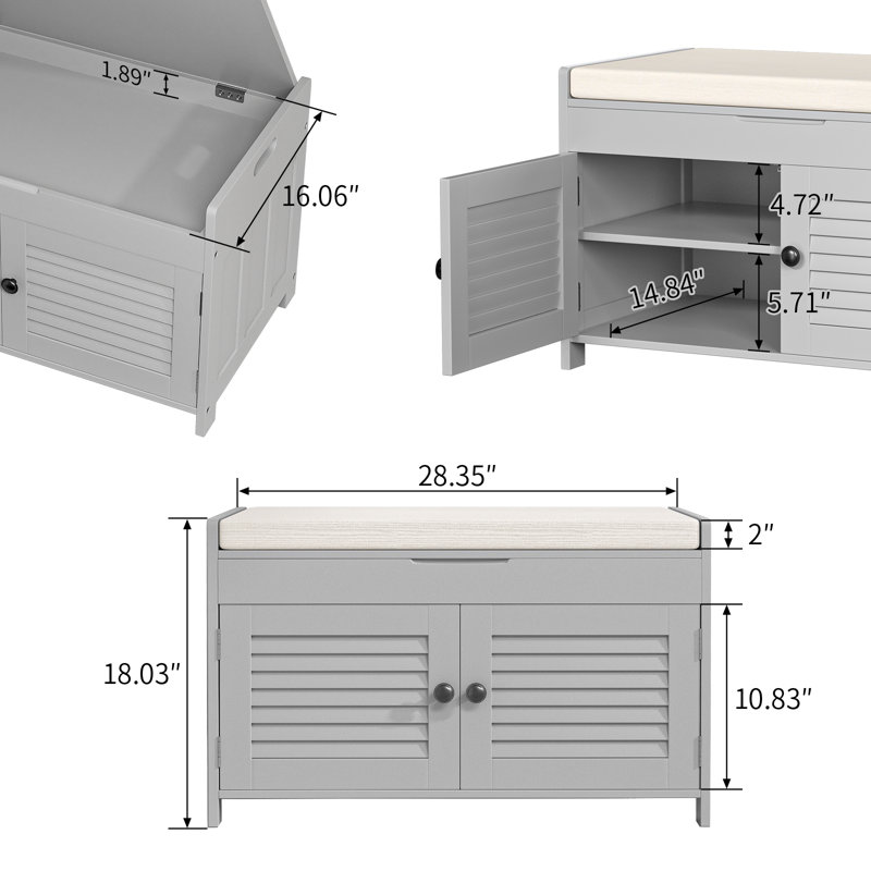 Banc de rangement pour chaussures avec rangement relevable, banc d'entrée en bois avec coussin, tablettes réglables, Gris