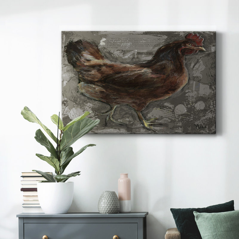 Poule rouge sur toile tendue, H 32 po x l 48 po
