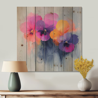 Pensées aquarelle Minimal Blooms - décoration murale en bois de coquelicot - sur bois de pin naturel