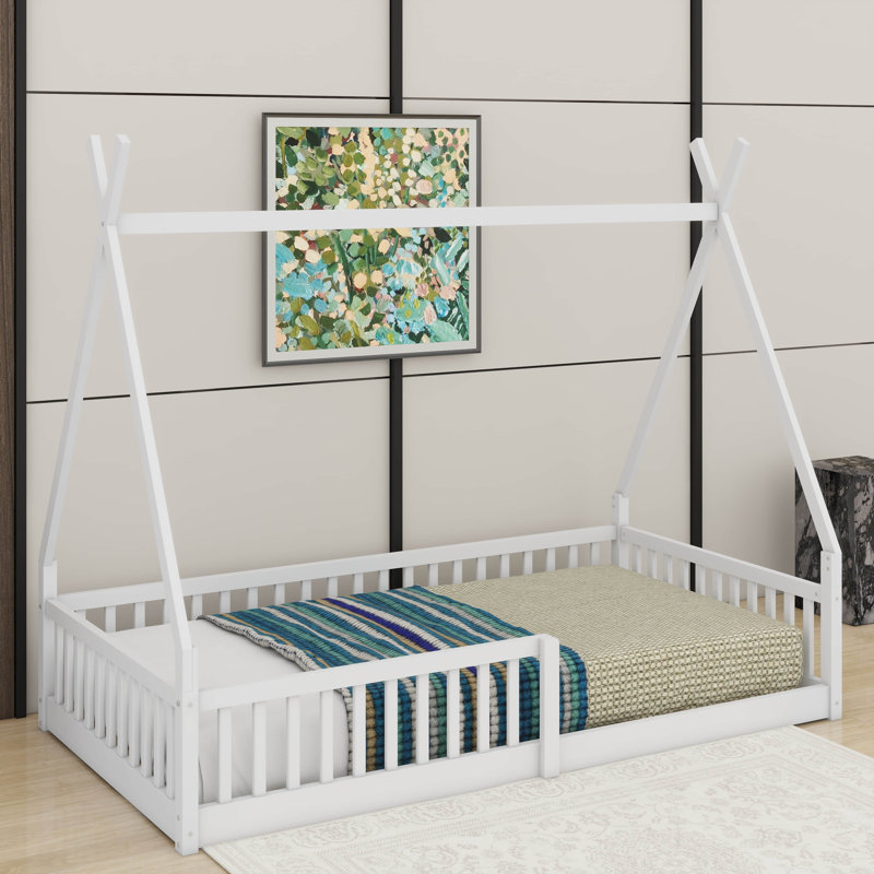 Lit simple en bois avec clôture, Blanc