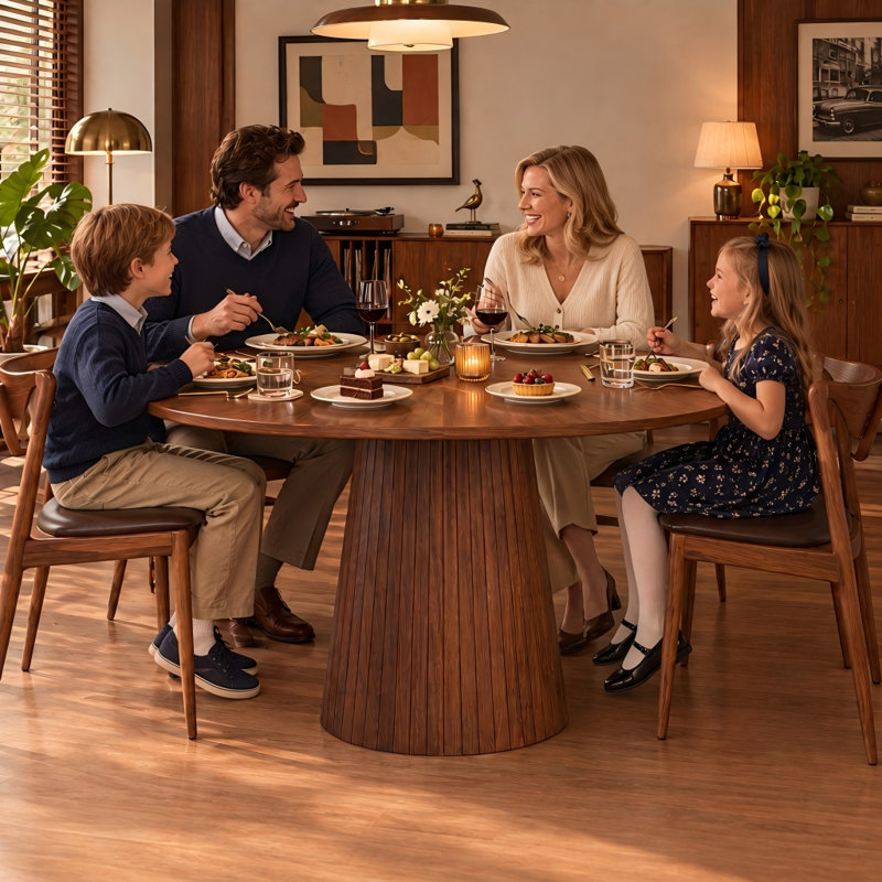 Table de salle à manger ronde de style campagnard moderne pour 4 personnes, piètement en lattes de bois, finition noyer, idéale pour la cuisine et le salon.