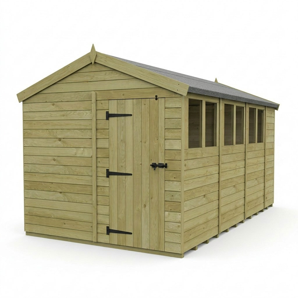 Total Sheds 8ft x 15ft Apex Garden Shed - Single Door - With Windows - Pressure Treated Timber - UK Manufactured
