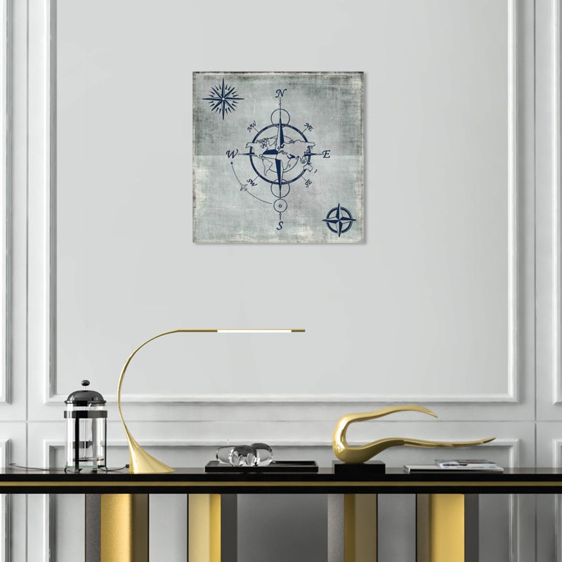 Boussole en bleu - Peinture sur toile, H 40 po x l 40 po, Toile tendue