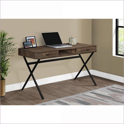Desks, Contemporary Industrial 47” L Home Office Desk with Brown Laminate Top, Black Metal Base, Storage Drawers &amp; Open Shelf | Brown | Particle Board