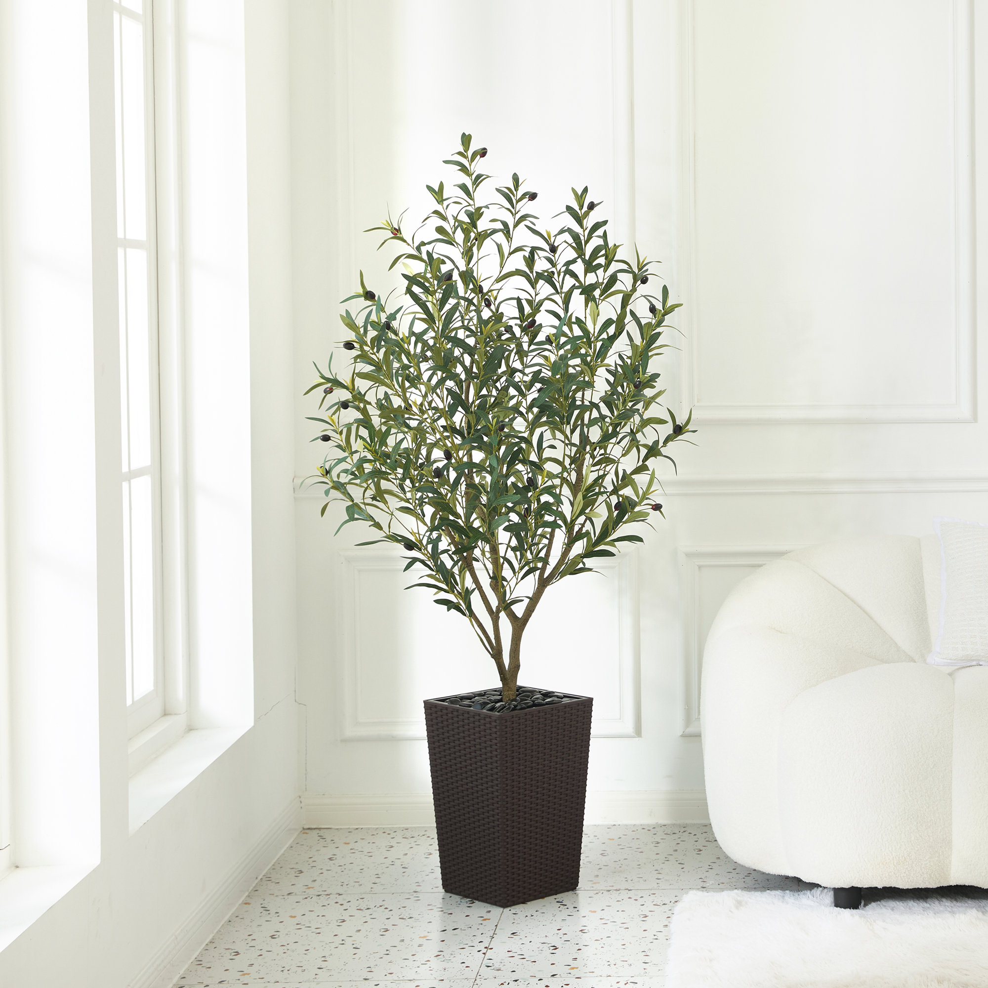 Adcock Artificial Olive Tree for Indoor & Outdoor Home Decor, Faux Olive Tree with Decorative Pot, Brown