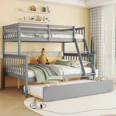 Lit superposé simple au-dessus de double en bois d'hévéa avec lit gigogne, échelle convertible et garde-corps, lit convertible détachable, avec lit gigogne simple
