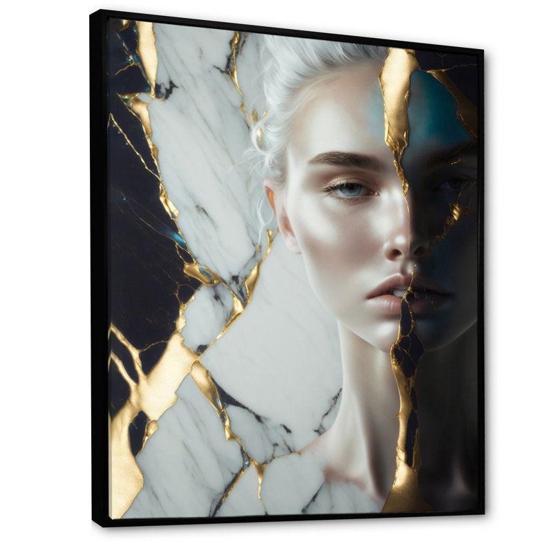 Géode abstraite or et marbre vert sur le visage - reproduction sur toile, L 24 po x H 32 po, Toile avec cadre flottant noir