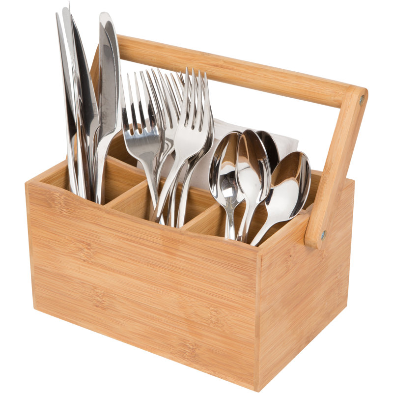 Natural Bamboo Rectangular Utensil Holder with Handle