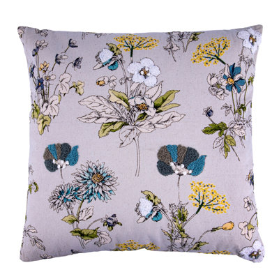 Cornflowers and Dandelions Cotton Embroidered Square Decorative Pillow 18x18"