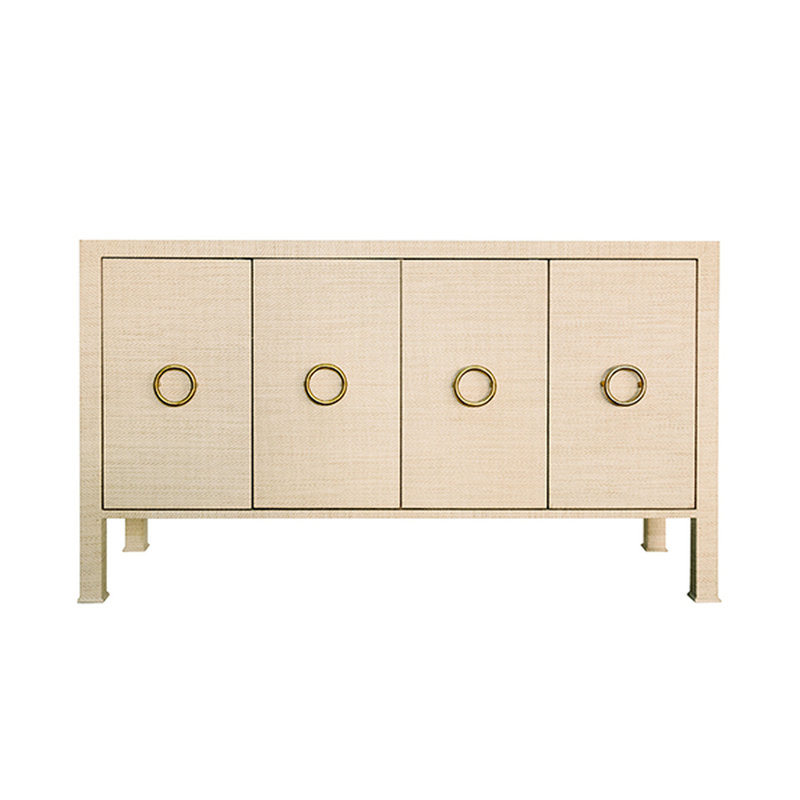 Contemporary Beige Grasscloth 58'' Sideboard with Antique Brass Hardware