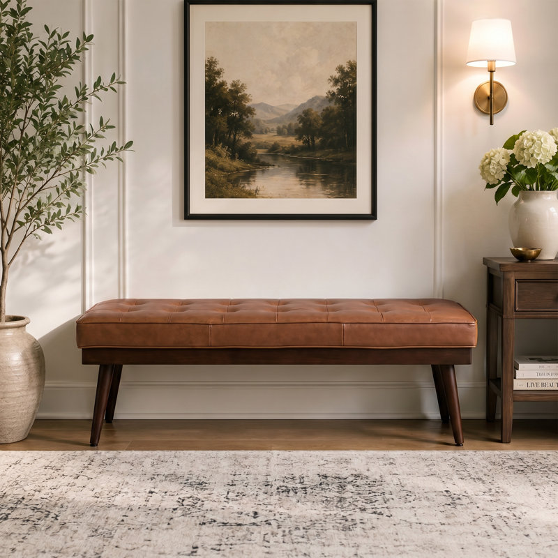 Banc Mid-Century moderne en cuir véritable touffeté avec pieds en bois massif, Brown