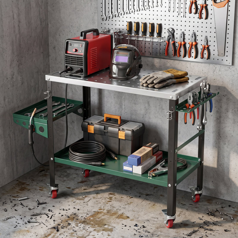 Table de soudage 36 po x 18 po avec roulettes, table de soudage avec plateau de rangement et panneau perforé