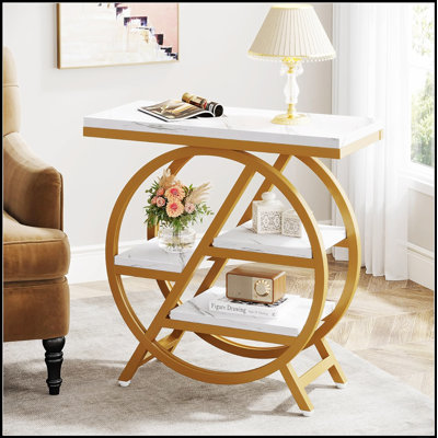 Table de bout étroite à 3 niveaux de 25,59 pouces avec rangement, faux marbre moderne et structure en métal doré, idéale pour les petits espaces et les décors élégants